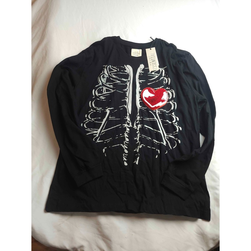 Prime Essentials Skeleton Rib Cage Heart Shirt XL Black Graphic Alt Streetwear